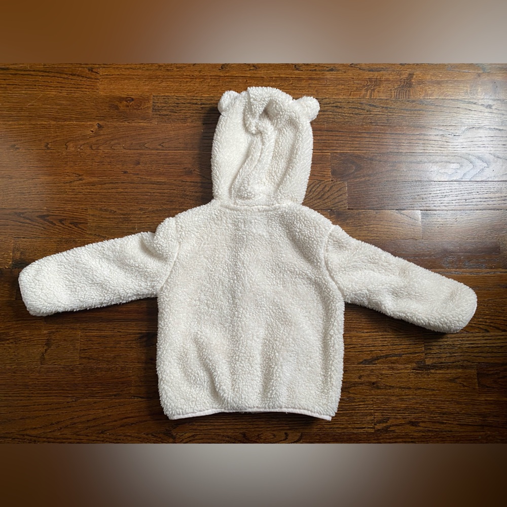 3T toddler girl sherpa fleece zip up hoodie Old Navy Cream White Jacket bear ear - Picture 10 of 16